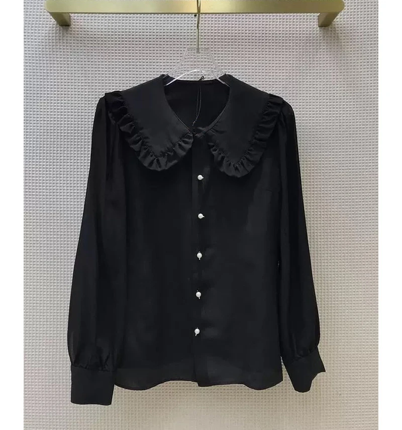 

Peter Pan Collar Women OL Blouse Ladies 2021 New Long Sleeve Offce Wear Straight Shirt and Tops White Black