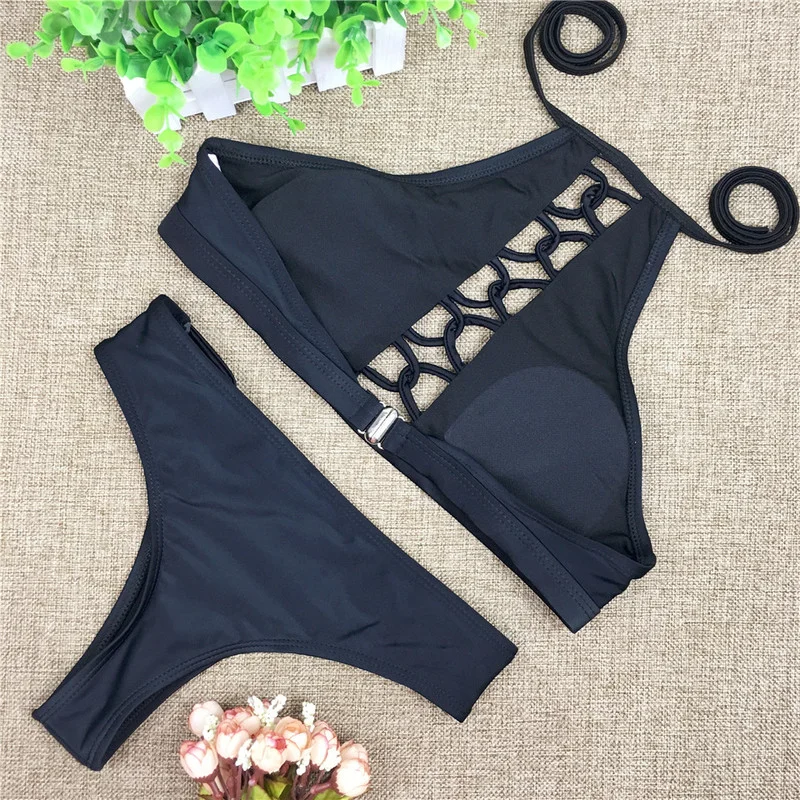 

Brazilian Biquinis Hollow Out Bandage Bikini Set Black Swimsuit Low Waist Swimwear High Neck Bathing Suit Female Beachwear