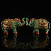 8nepal temple collection old bronze outline in gold painted mosaic gem elephant statue a pair taiping elephant town house