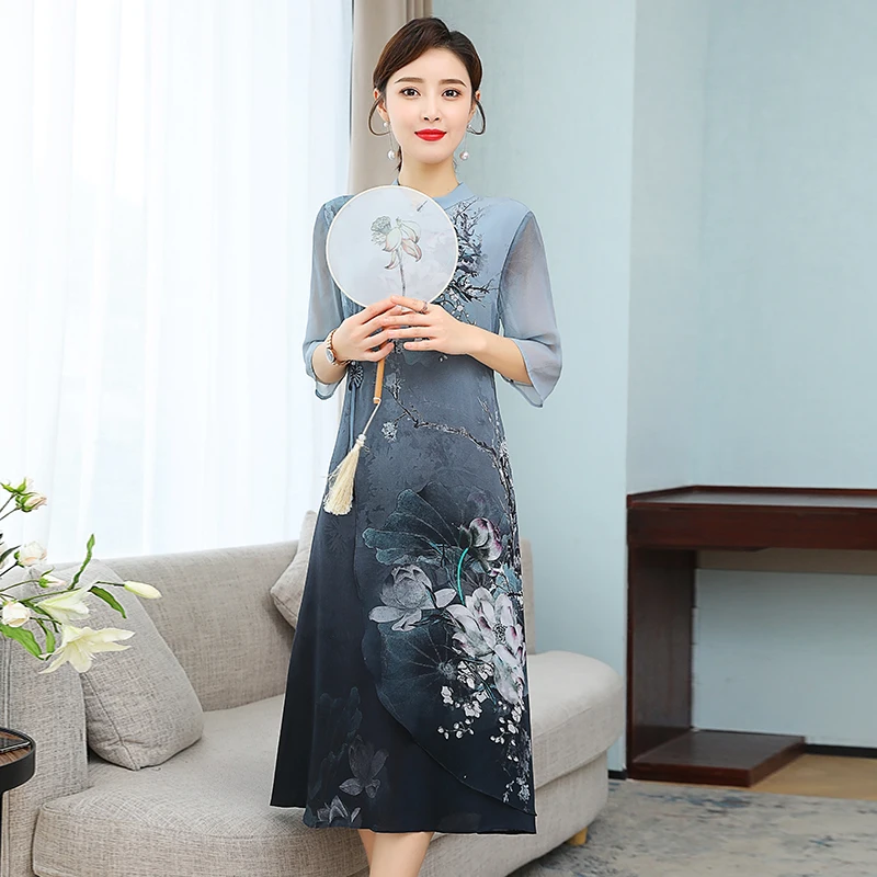 Женское длинное платье в китайском стиле летнее с коротким рукавом элегантное