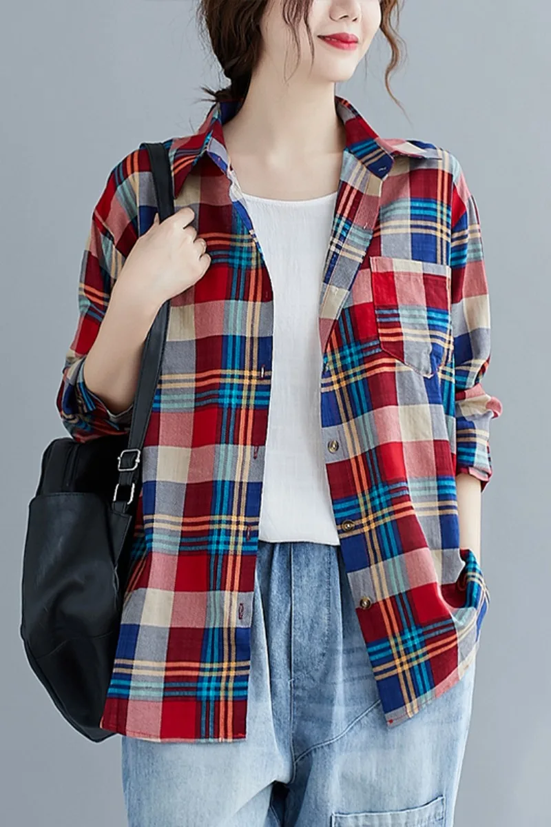 

LZMONE Cotton Linen Plaid Shirt Long Sleeve 2021 Spring Dress New Loose Large Casual Shirt Trend