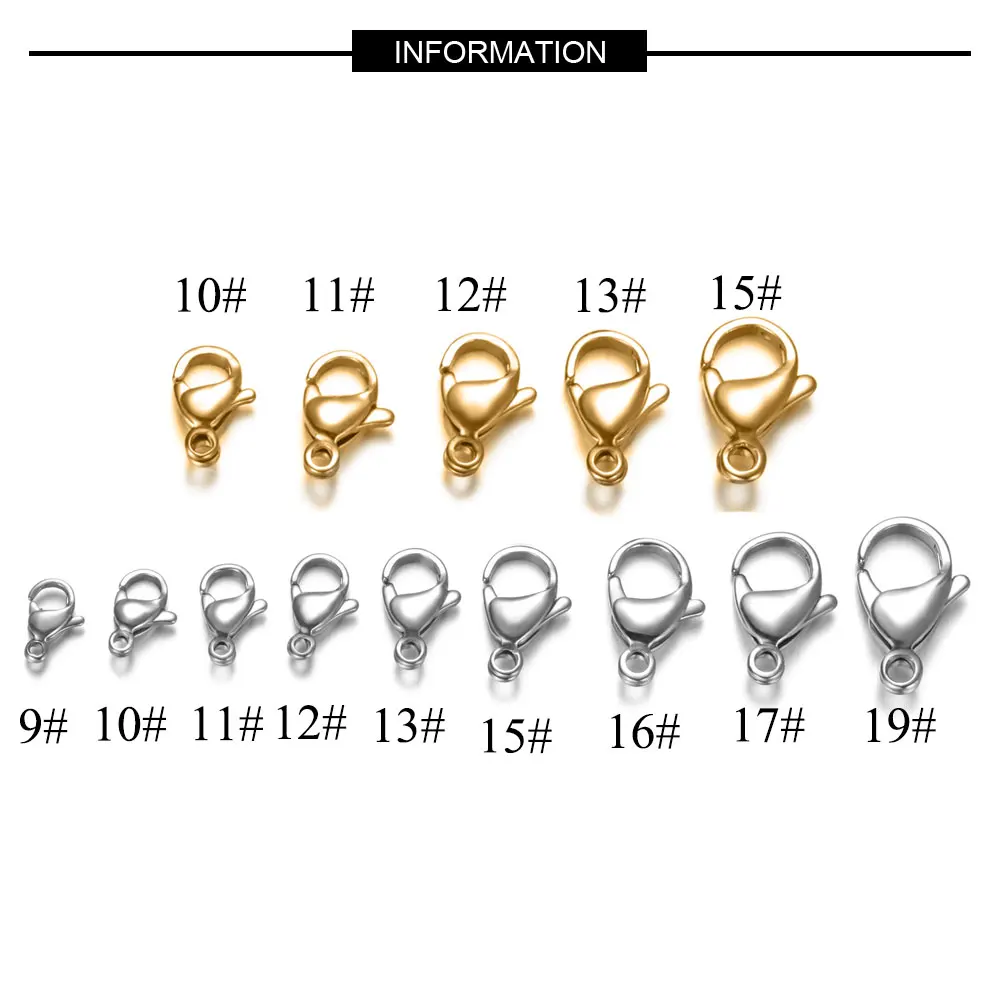 

20pcs/Lot 9-19mm Full Size 316 Real Stainless Steel Lobster Clasp Wholesale Finding Jewelry Supplies