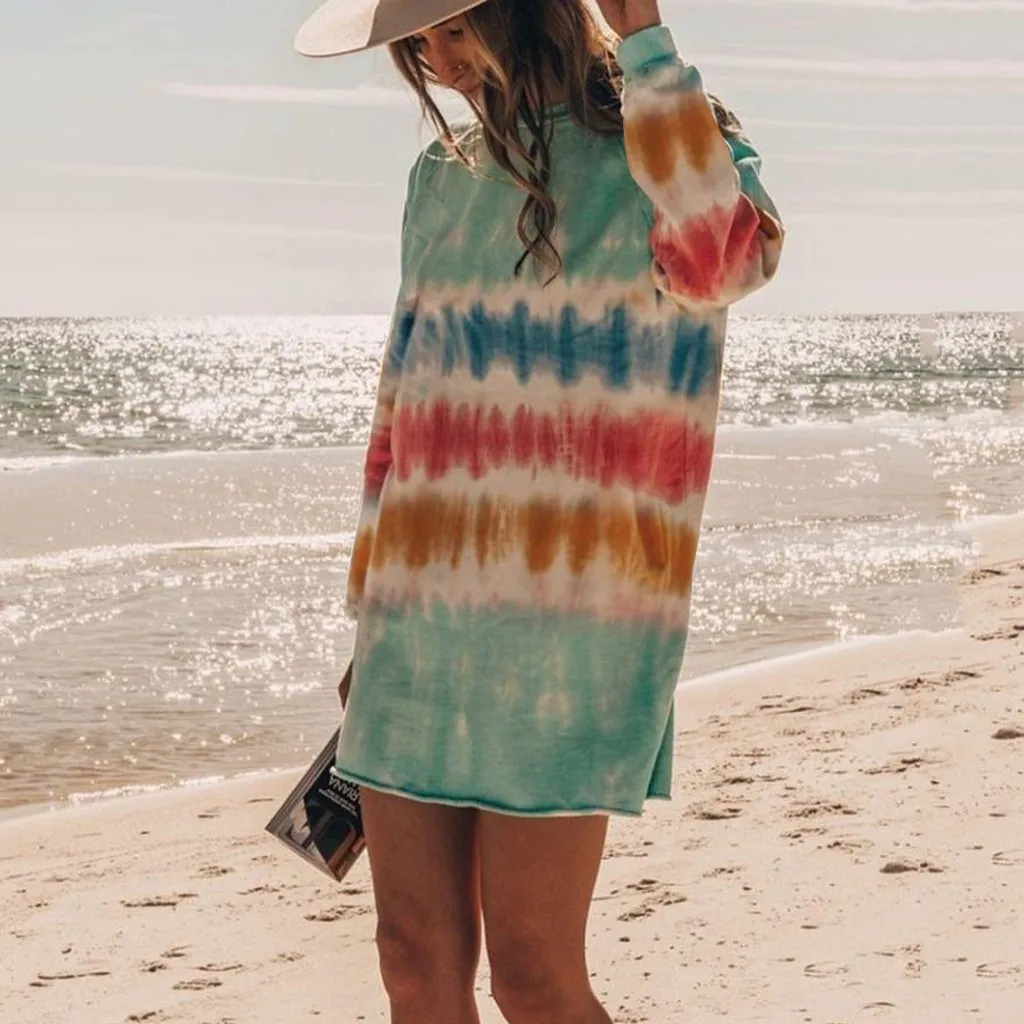

Women's Tie-dye Sweatshirts Dress Casual plus size cotton Linen Dresses Oversized Long Sleeve Crewneck Loose Casual Dress