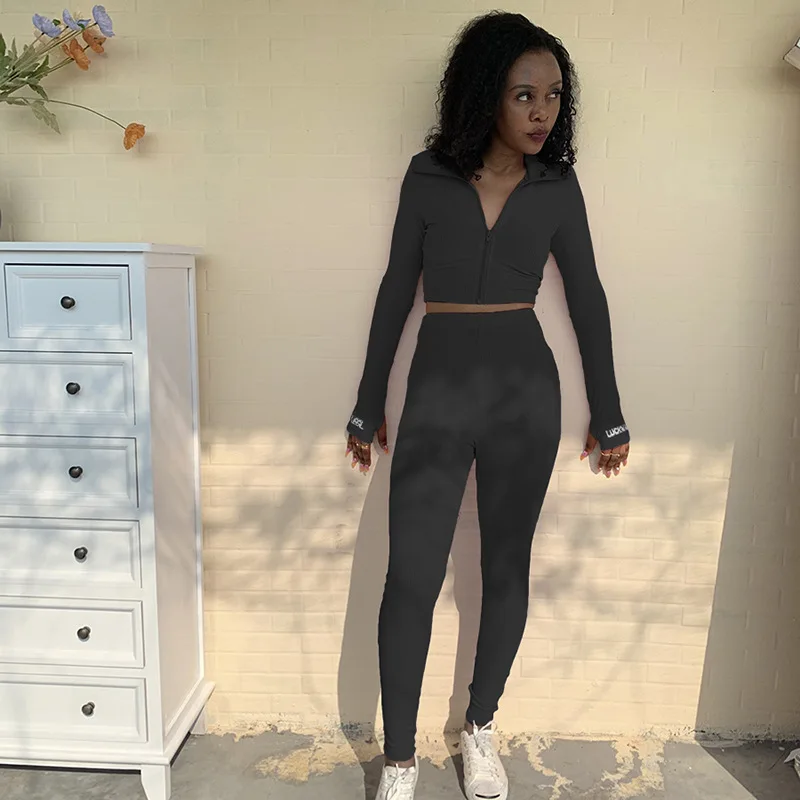 Lucky Label Plus Jumpsuit For Women Romper 2020 Black White Long Sleeve Casual Skinny Turtleneck Sport Bodysuit Two Piece Set