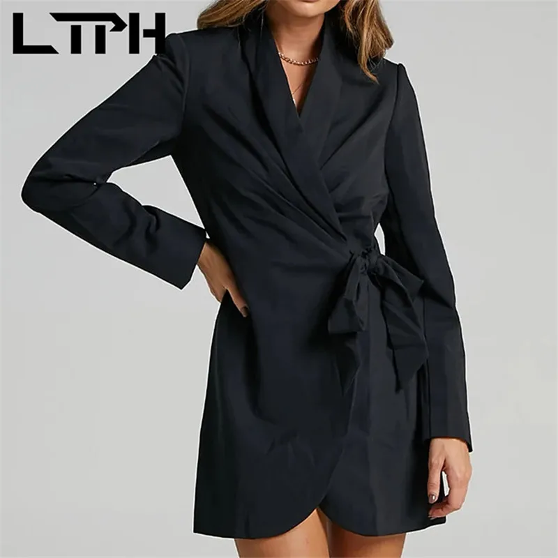 

LTPH vintage black blazer dress women One piece lace-up belt waist design mid-length elegant casual dresses 2021 autumn new