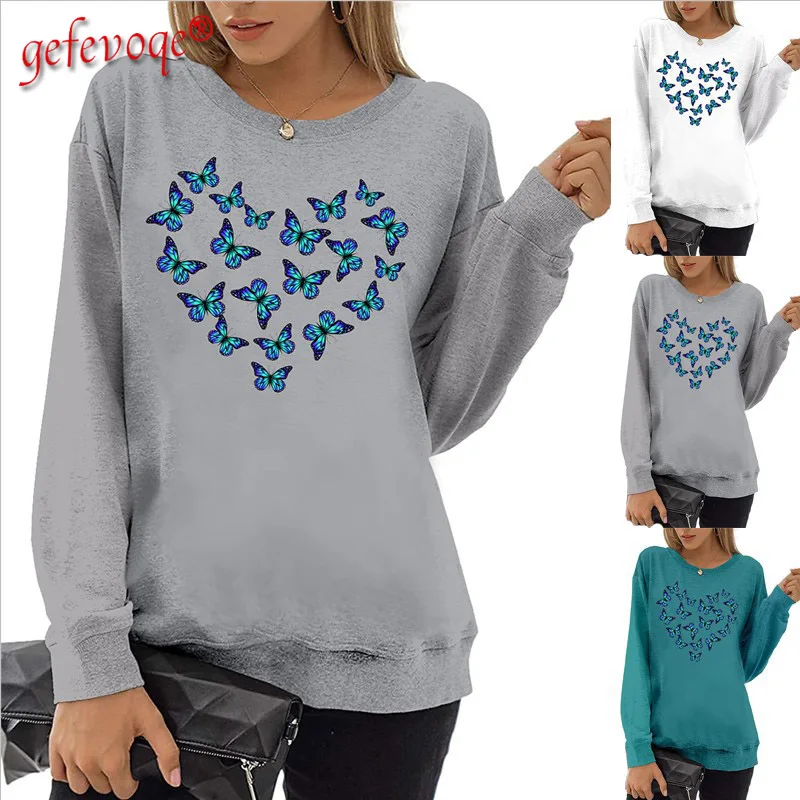 

Women's Autumn Street Style Fashion Loose O-neck Cotton Clothing Round Neck Love Butterfly Printed Long Sleeve Plus Size Top