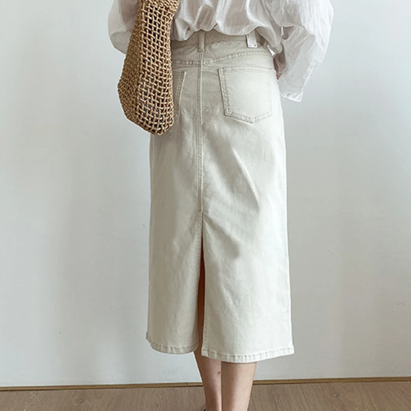 

Luck A 2021 Retro Long Summer Denim Skirts Girls High Waist Button Pockets Split Jeans Straight Plus Size Maxi Denim Skirts