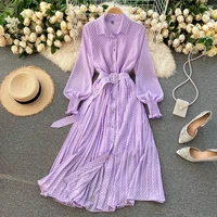 spring elegant purple womens polka dot pleated dress 2021 korean clothing long sleeve vintage chiffon shirt dress feme robe