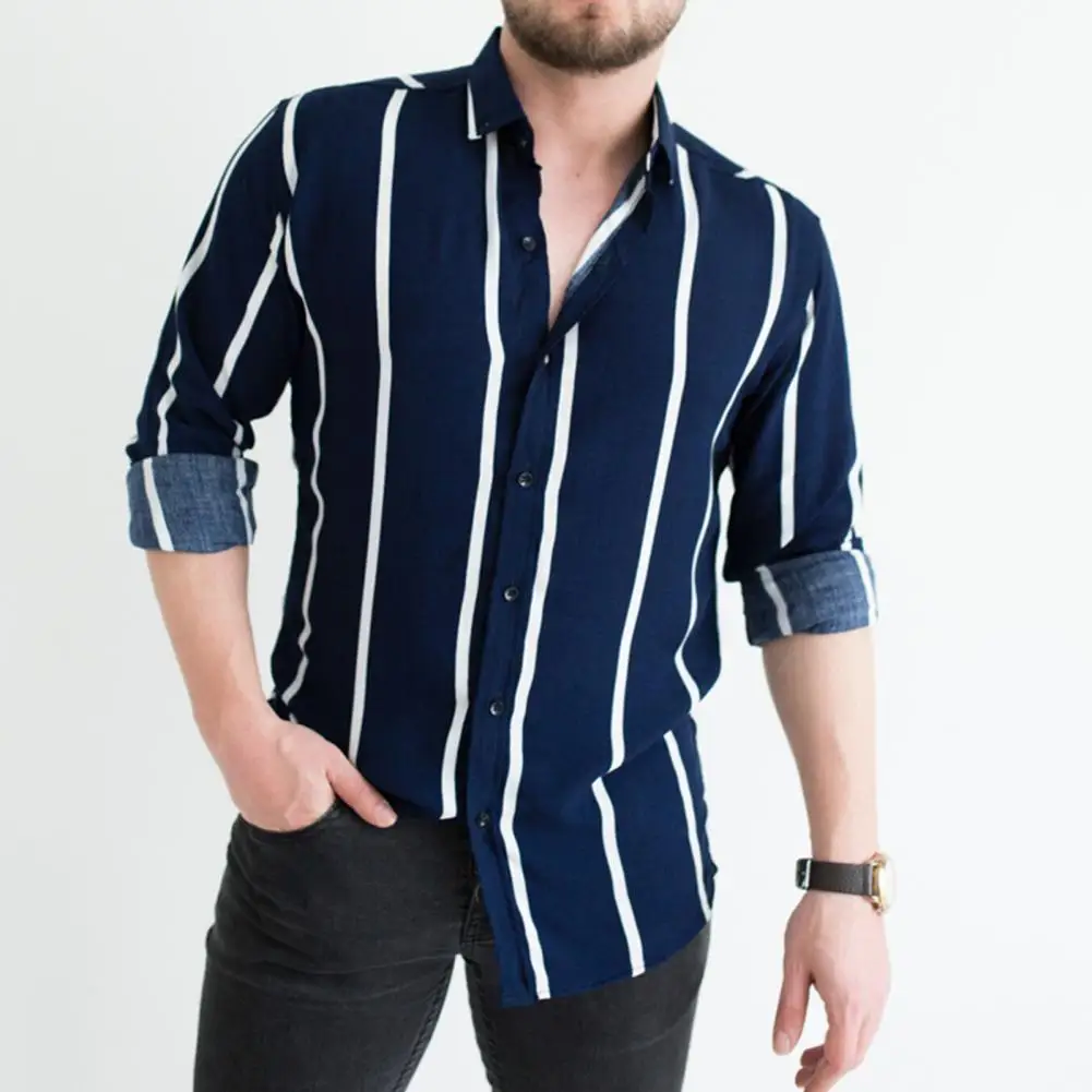 

2021 New Men's Shirt Striped Print Men Slim Shirts Turn-down Collar Top Long Sleeve Buttons Closure Business Shirt Male Clothing