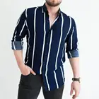 Мужская приталенная рубашка в полоску, деловая рубашка с отложным воротником, длинными рукавами и пуговицами на застежке, новинка 2021