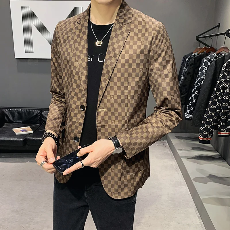 

2021 Men blazer Luxury Prom Men Blazer Embroidered Wine Plaid Long Sleeve Coat Blazer Homme Slim Mens Blazer Men stage Jackets