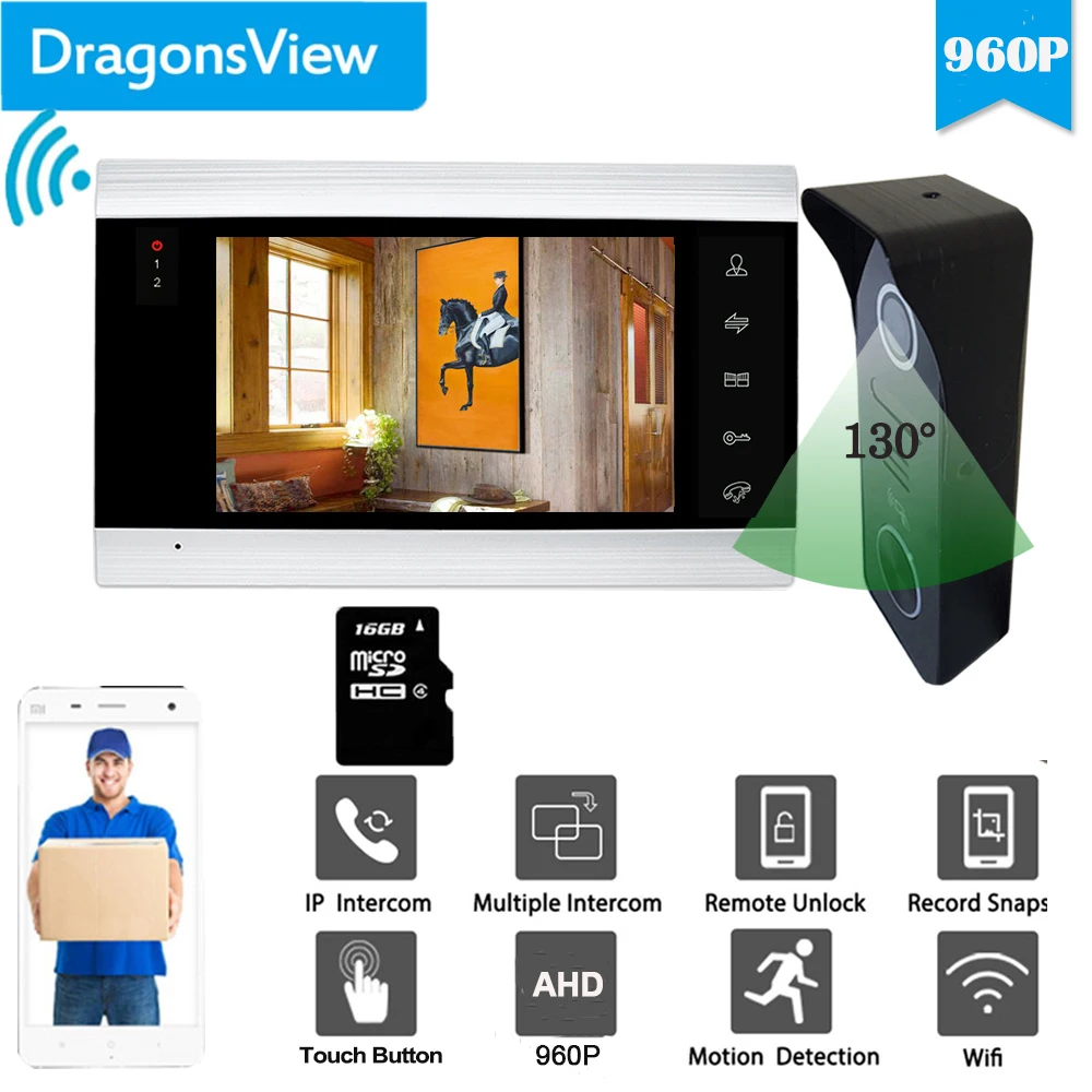 

Видеодомофон Dragonsview с Wi-Fi, беспроводной дверной звонок, камера HD 960P, разблокировка через приложение, дневное и ночное видение