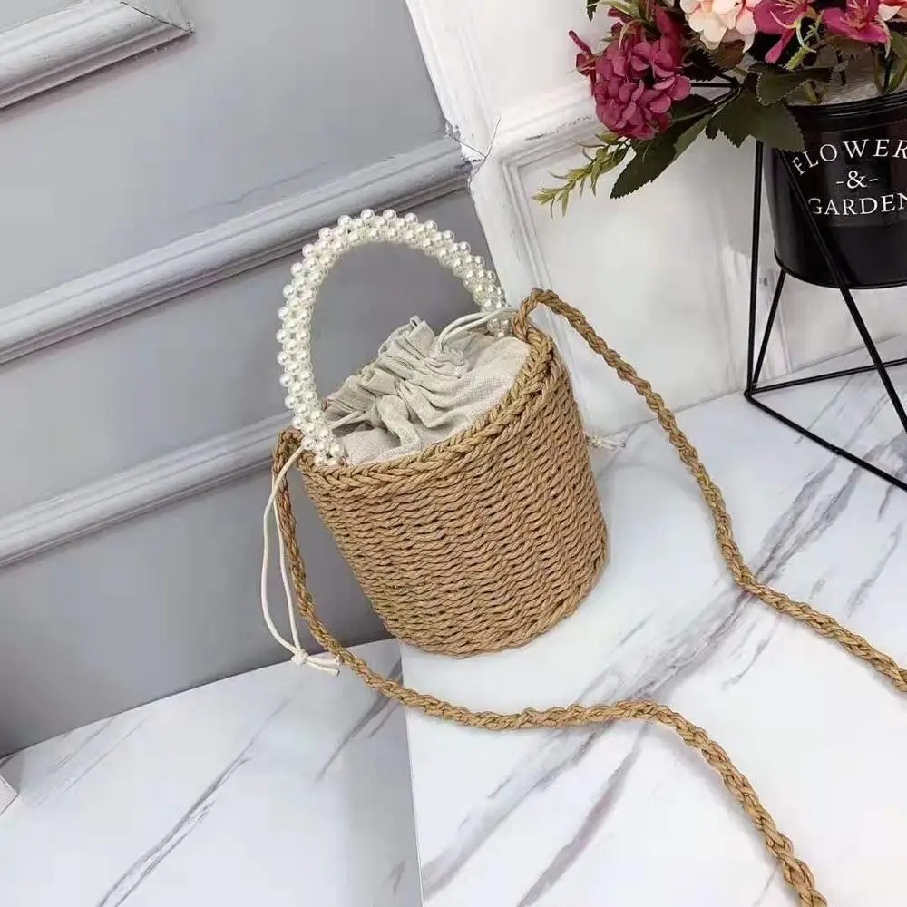 Новая весенне-летняя сумочка из соломы 2020 сумка-ведро с жемчужной ручкой для