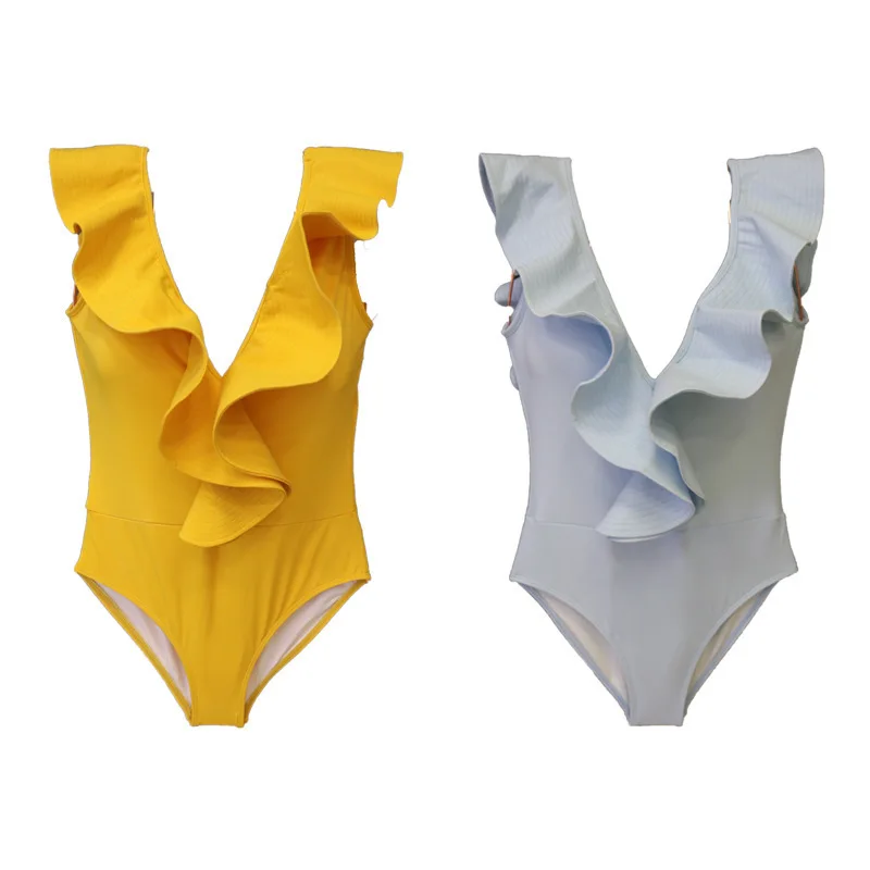 

High-Waist Swimsuit Female Suit One Piece Sexy Backless Falbala Push Up 2020 New Solid Polyester Sierra Surfer Women For