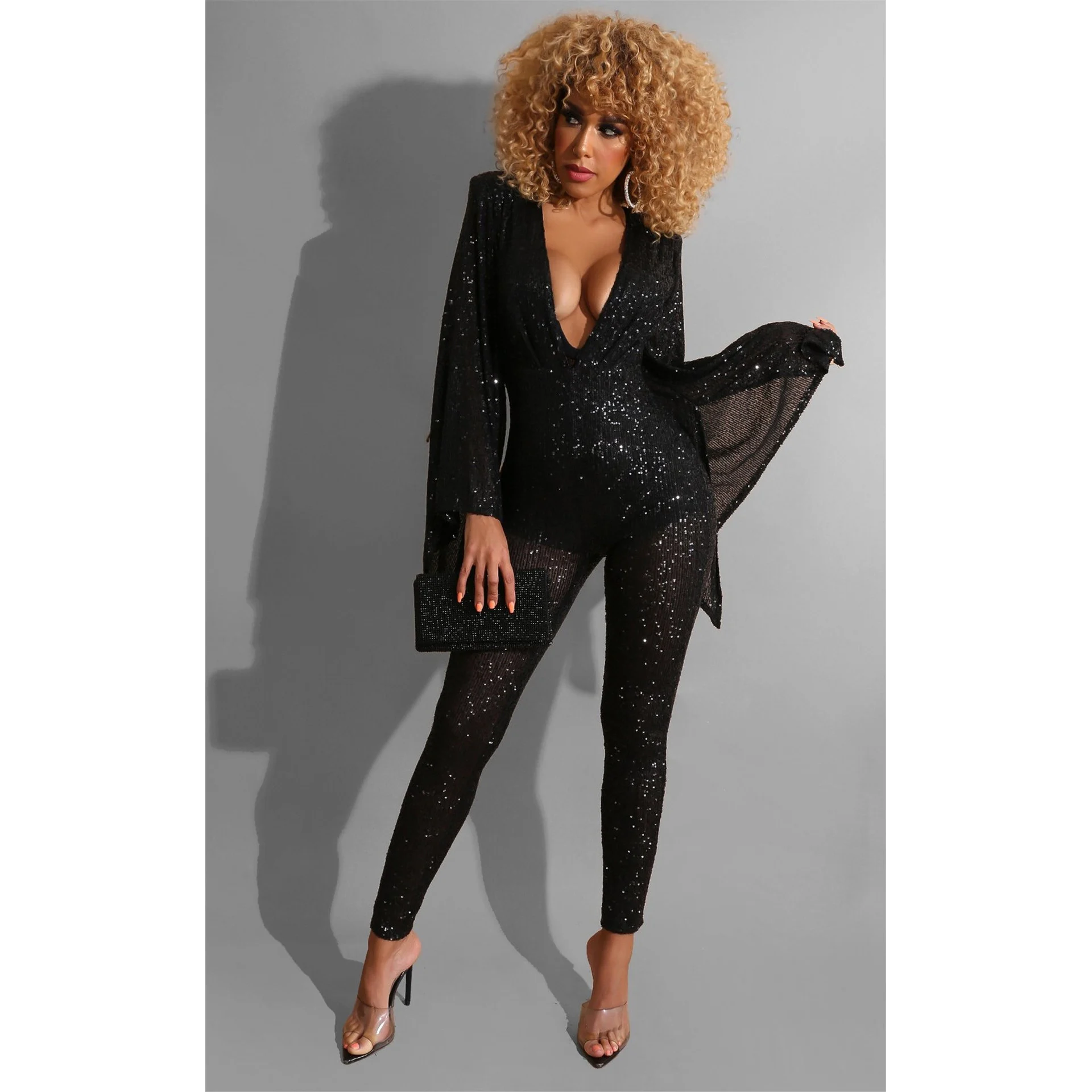 Женский комбинезон с блестками облегающий вечерние бинезон расклешенными