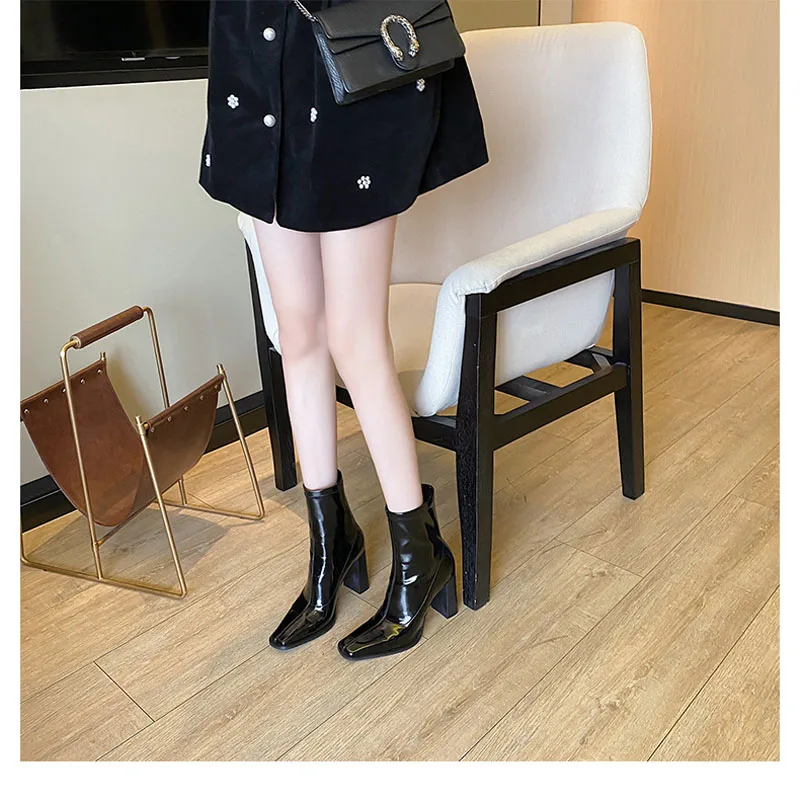 

Fashionable Patent Leather Stretch Boots New Square Toe Thick-heel High-heel Boots Sexy Black Short Boots Women Autumn Winter