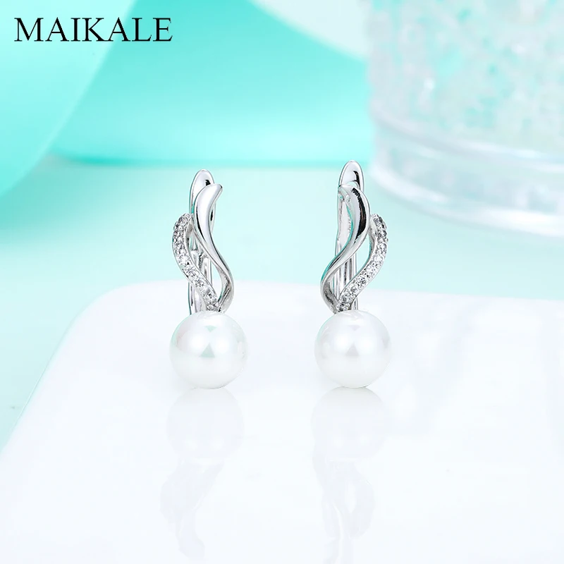 

MAIKALE Gold/Silver Color Delicate Micro Inlay Cubic Zirconia Earrings Round Big Pearl Stud Earrings for Women Jewelry Gifts