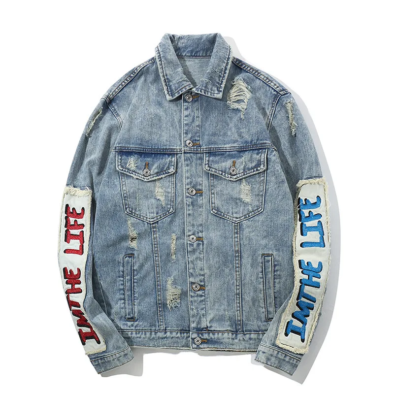 

2020 Spring Autumn Tops for Male Denim Jacket Men Hole Distressed Jeans Coat Hip Hop Patch Jacket Streetwear Outerwear