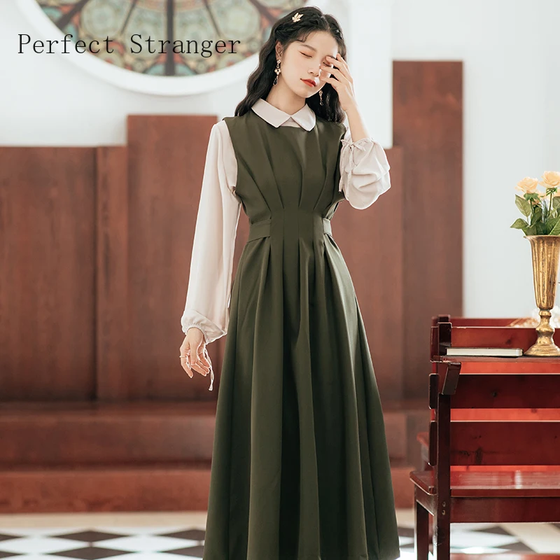 

2021 Autumn New Arrival High Quality Retro Two Pieces Turn Down Collar Long Sleeve Collect Waist Women Long Dress