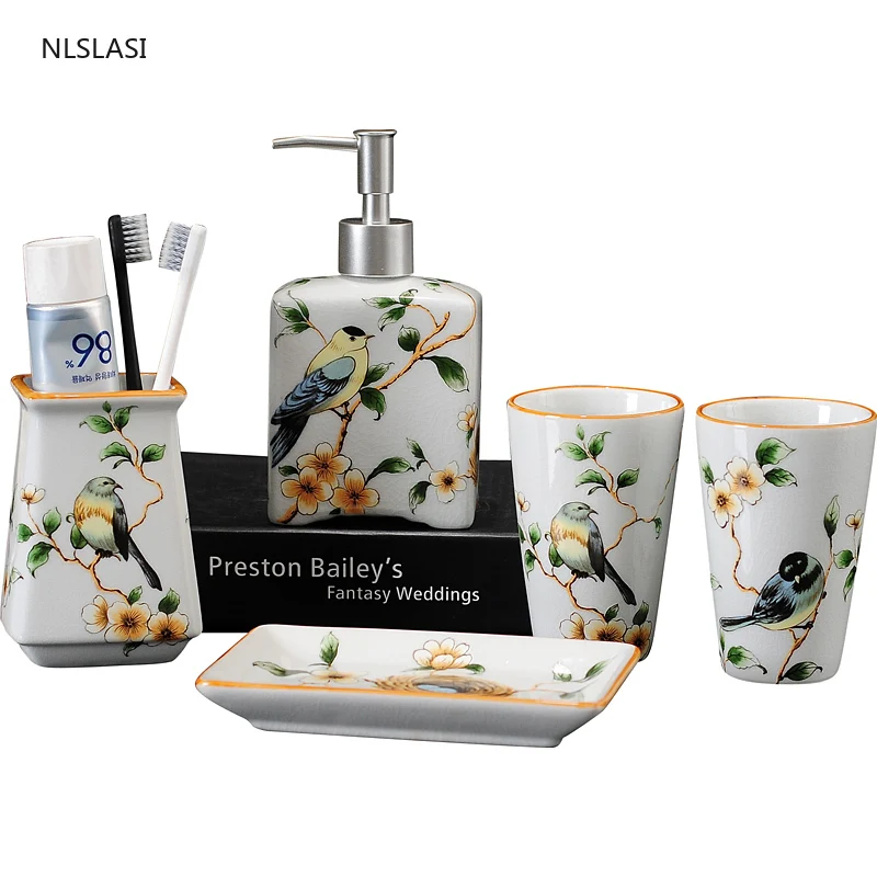 

Five Piece Set Chinese Flowers Bathroom Set Ceramic Washroom Accessories Toothbrush Holder Soap Dispenser Soap Dish Gargle Cup