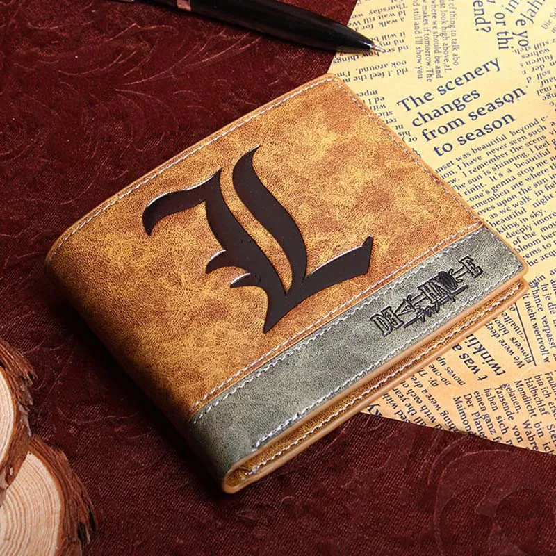 Death Note Аниме меч искусство онлайн кошелек хаки кожа короткая карта и фото держатель кошелек для подарка мешок денег - Цвет: Death Note