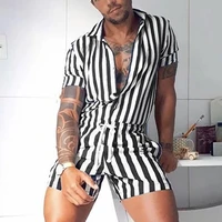 new summer fashion men striped jumpsuit button lapel short sleeve drawstring shorts breathable quick dry casual beach streetwear