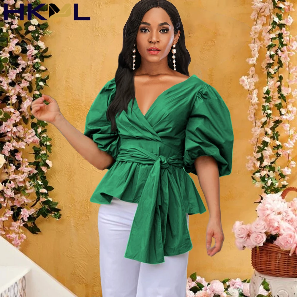 

2021 Autumn Women Blouses Half Lantern Sleeves Waist Belt V Neck Peplum Shirts Tops African Fashion New Tops