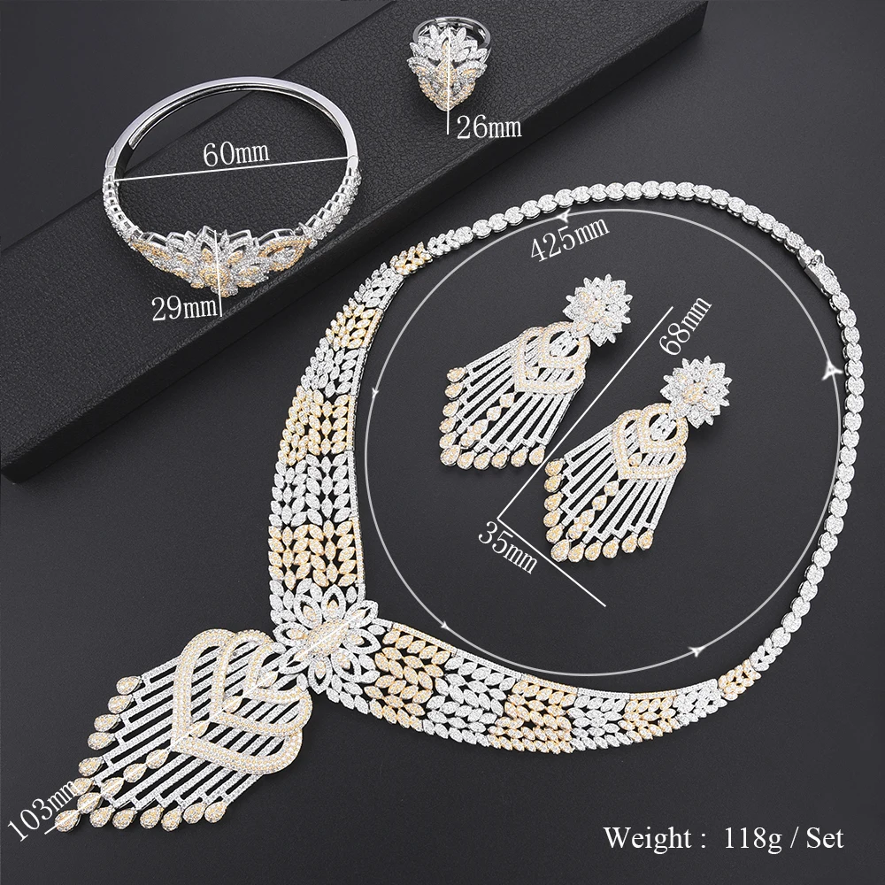 

missvikki Luxury 2 Tone Waterdrop Tassels Crown Big Noble Necklace Bangle Earrings Ring Jewelry Set for Women Bridal Wedding