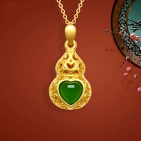 gold plated gold pendant for women heart shaped gourd peace pendant green chalcedony necklace fine gemstone gold jewelry gift