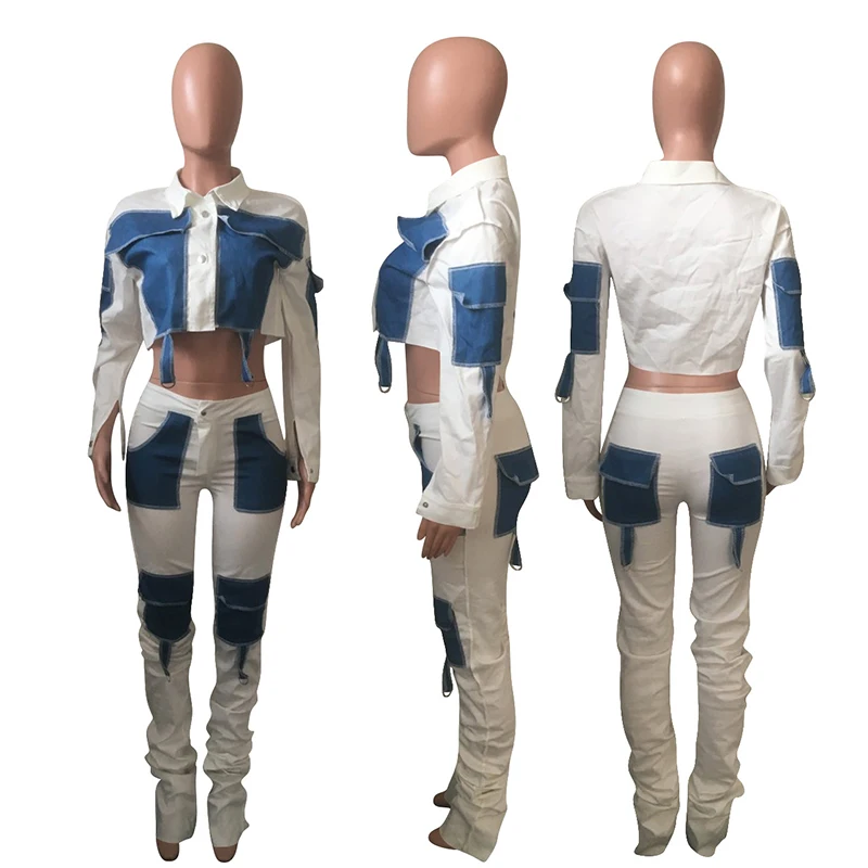 

HAOYUAN Sexy Patchwork Two Piece Set Long Sleeve Button Crop Top Pocket Stacked Jeans Women Festival Clothing Fashion Streetwear