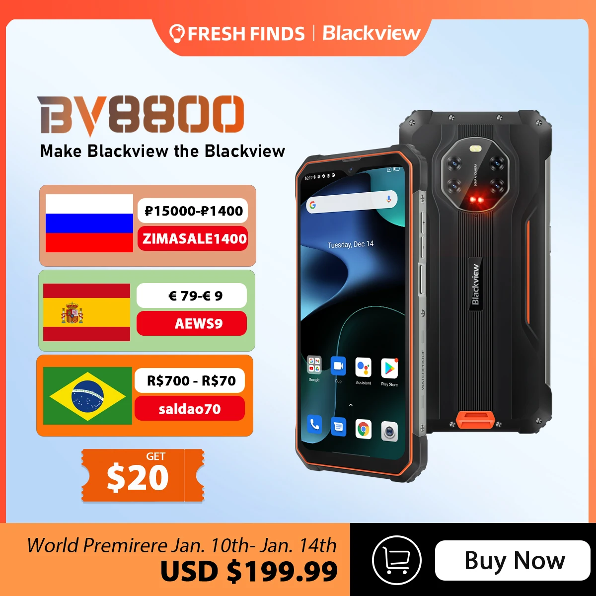 BLACKVIEW BV8800 IP68 Rugged Smartphone 8GB+128GB Android 11 Helio G96 Cell Phone 90Hz Display Mobile Phone 8380mAh 50MP Cameras