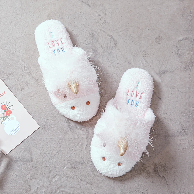 

Winter new three dimensional cute electric embroidered Unicorn indoor home women slippers fur rubber soled female slippers shoes