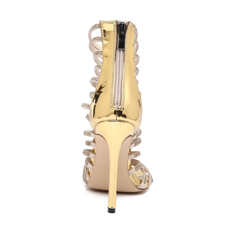 

Sexy Thin Strap Rhinestone Stiletto High-Heeled Hollow Sandals Roman Style Flashing Rhinestone Strap Combination Women's Sandals