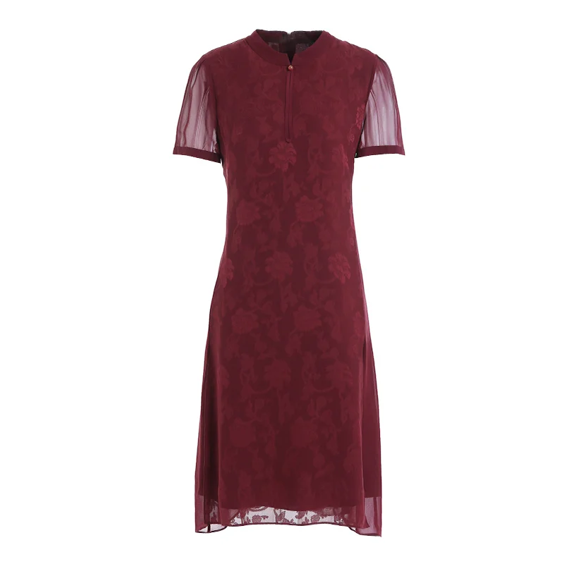 

Gowani Modern Qipao Cheongsam 100% Mulberry Silk Red Jacquard Flower Mandarin Collar Short Sleeve Chinese Dress