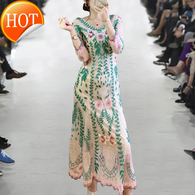 

Женское платье 2021 Ранняя осень Новая Элегантная темпераментная длинная юбка из газовой ткани Тяжелая промышленная вышивка романтическое с...