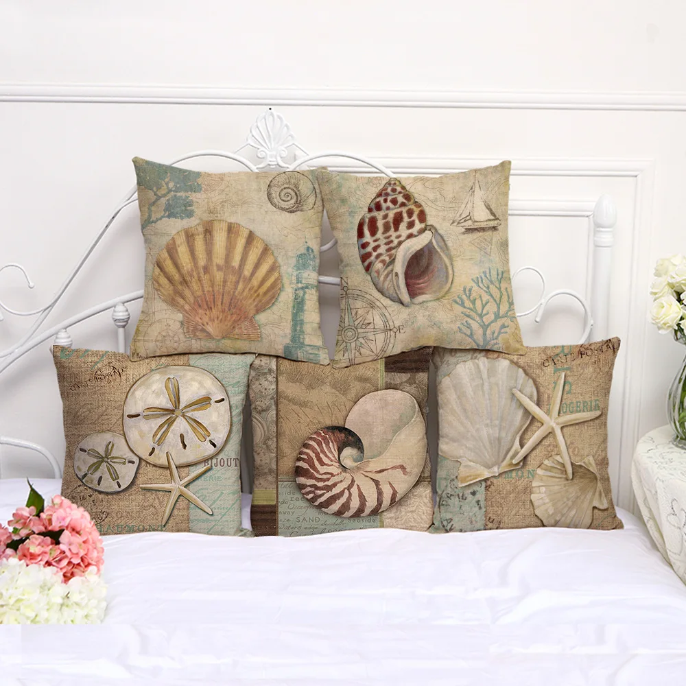 

Three Materials Pillow Cover Mediterranean Sea Series Conch Starfish Do Old Cotton Linen Pillowcase Car Waist Cushion Cover