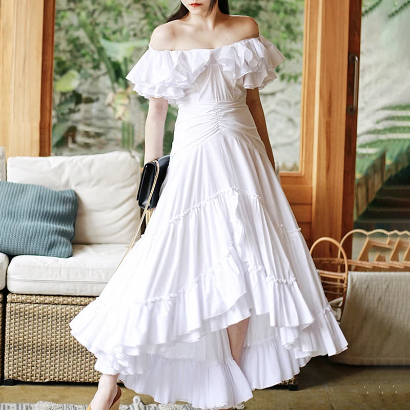 CHICEVER Asymmetrical Women's Dress V Neck Butterfly Sleeve High Waist Slim Korean Solid Female Dresses Fashion New Summer