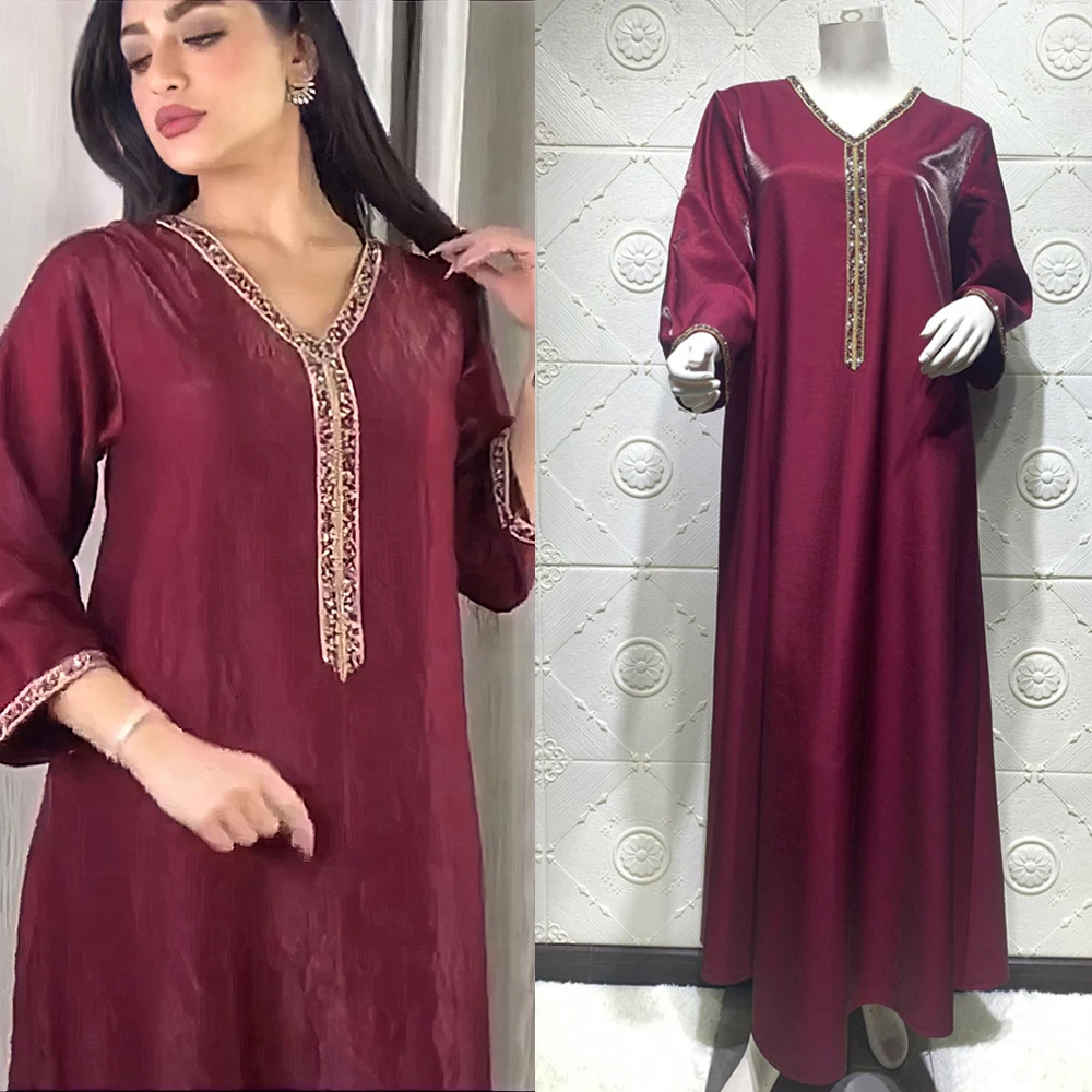 Eid Mubarak Abaya Стразы Дубай Кафтан мусульманское женское платье Турецкий кафтан Рамадан Исламская одежда атласная Jalabiya