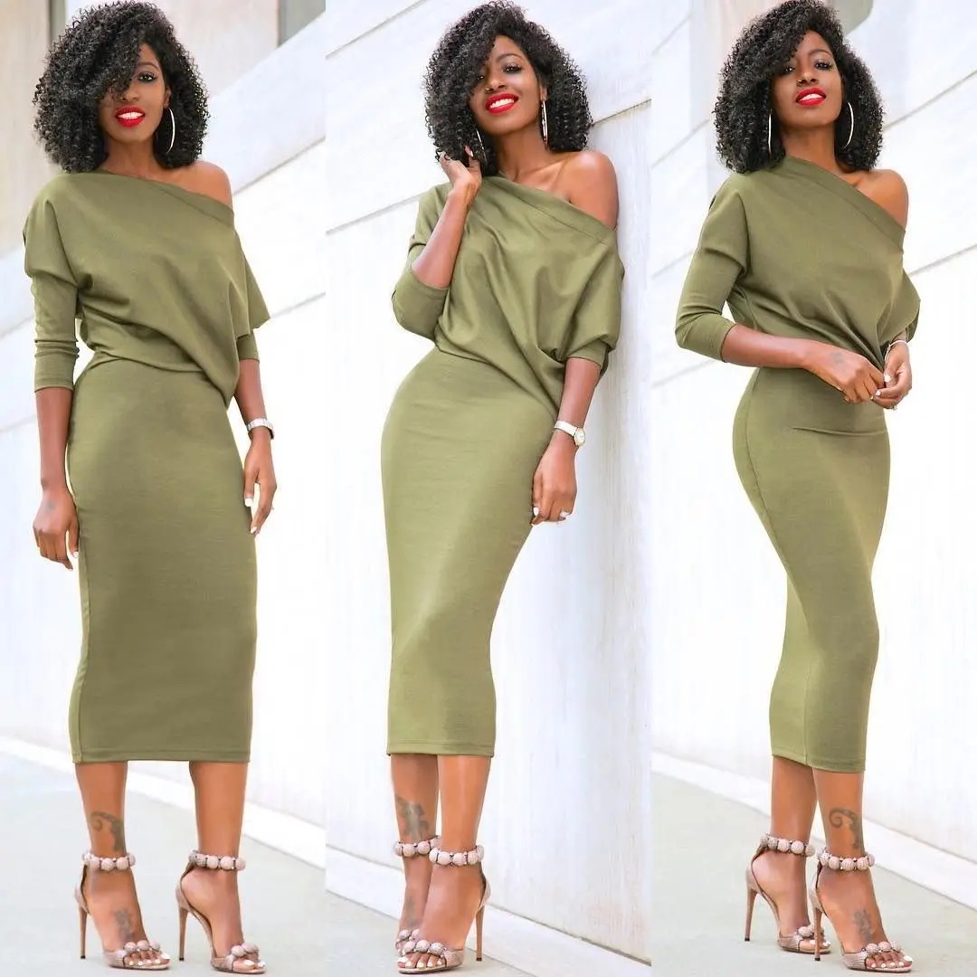 2020 Newest Hot Women's Casual Long Sleeve Off Shoulder Pencil Dress Bandage Bodycon Evening Party Solid Black Green | Женская