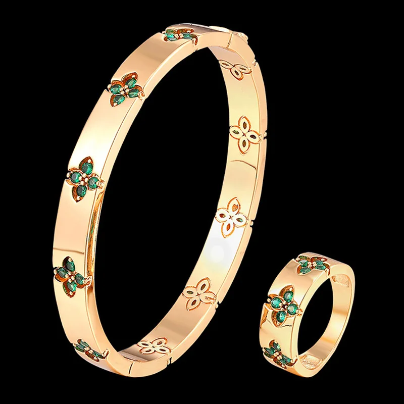 

Zlxgirl Luxury brand Green red blue zircon copper Bangle Ring jewelry sets high Dubai Gold color bracelet & bangle sets couple