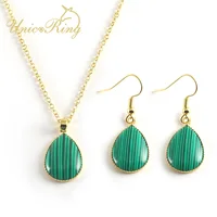 Party Festival Suit Gold Plating Non Allergy Imitation Malachite Pendant Necklace Changeable Chain Hook Earring Green  Set