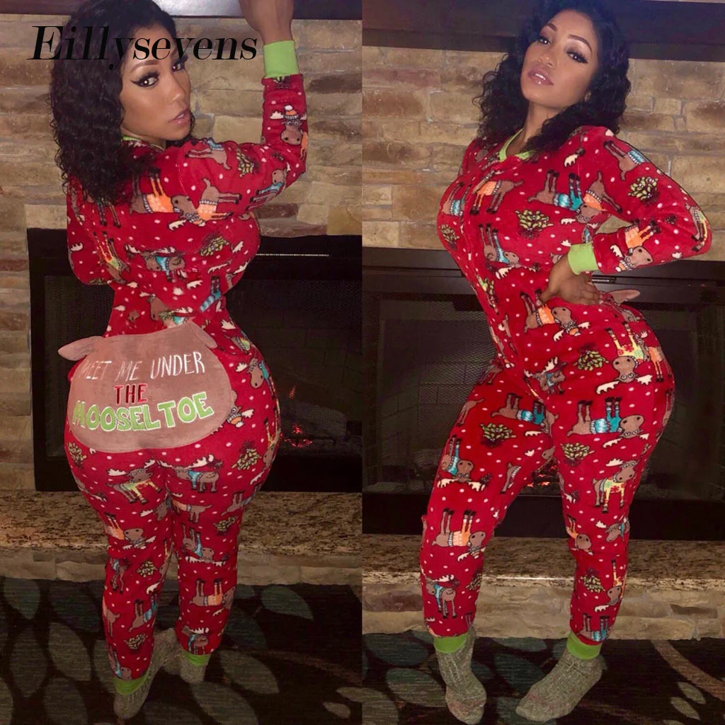 

Christmas Jumpsuit Pajamas Women Winter Print Fleece Warm Long Sleeve Sleepwear Xmas Cute Zipper Up Nightwear Home Wear Suits