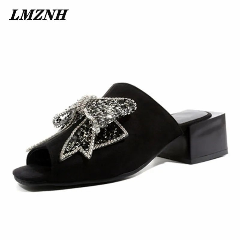 

LMZNH Summer Sexy Rhinestone Butterfly-Knot Women Sandals Fish Mouth Slip-On Fashion Women Mules Shoes High-Quality Female Shoes