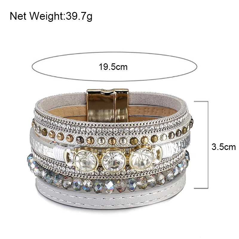 

ALLYES Crystal Beads Multilayer Leather Bracelets for Women Shiny Rivet Rhinestone Chain Wide Wrap Bracelets Fashion Jewelry