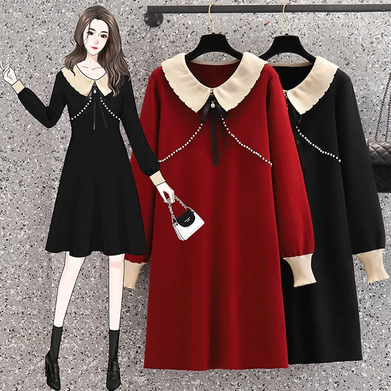 

High Quality Thick Sweater Dress 2021 New Autumn Winter Women Trun Down Collar Bow Pearl A Line Plus Size Loose Kintted Dress