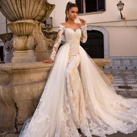 luxury mermaid wedding dresses long sleeve tulle detachable train 2 in 1 lace applique wedding gowns scoop tailor made