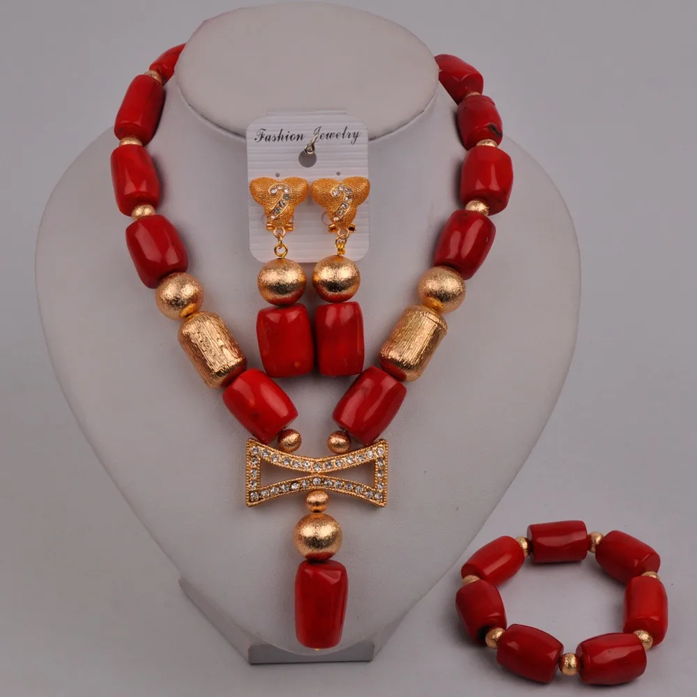 

Красный коралл и золото Африканский комплект ювелирных изделий нигерийские Свадебные бусы костюм ожерелье 2-04-D4