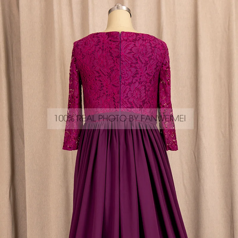 

#9251 100% Real Photos Customized Purple Cheap Fat Lace Long Sleeve Lilac O-Neck A-Line Chiffon Latest Bridesmaid Wedding Dress