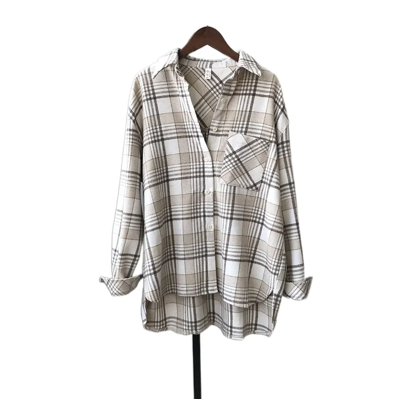 

HXJJP 2021 Spring Autumn New Women Plaid Shirt Thickened and Sanded Female Korean Version Loose Warm Blouse