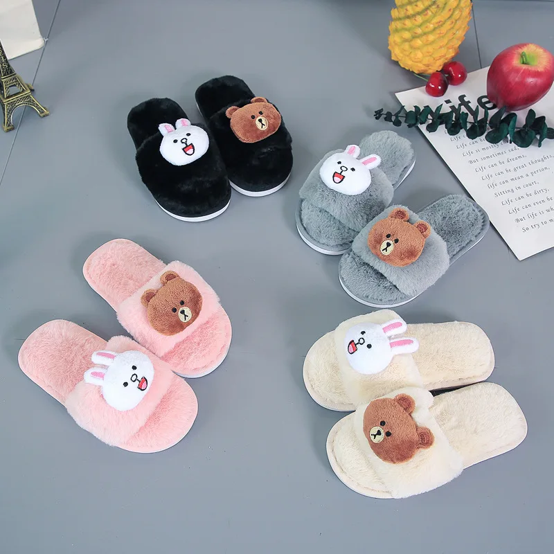 

Warm Shoes Girls Slip on Flats Female Children Indoor Non-slip Bear Girls Slipper Winter Fashion Kids Home Slippers